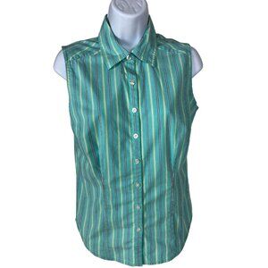 Croft n Barrow Top Women Size S Blue White Green Sleeveless Button Down Collared